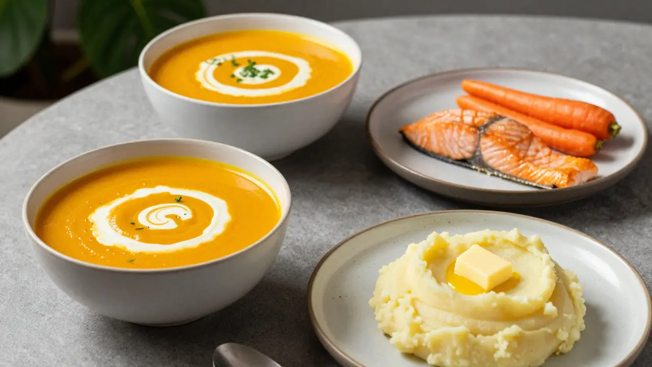 Sestava měkkých jídel: tykvový krém, bramborová kaše a pářený losos.