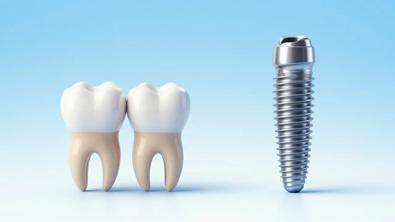 Srovnání konstrukce zubního mostu a samostatného dentálního implantátu.