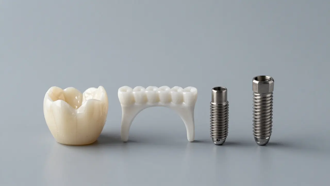 Srovnání zubní korunky, můstku a titanového implantátu.