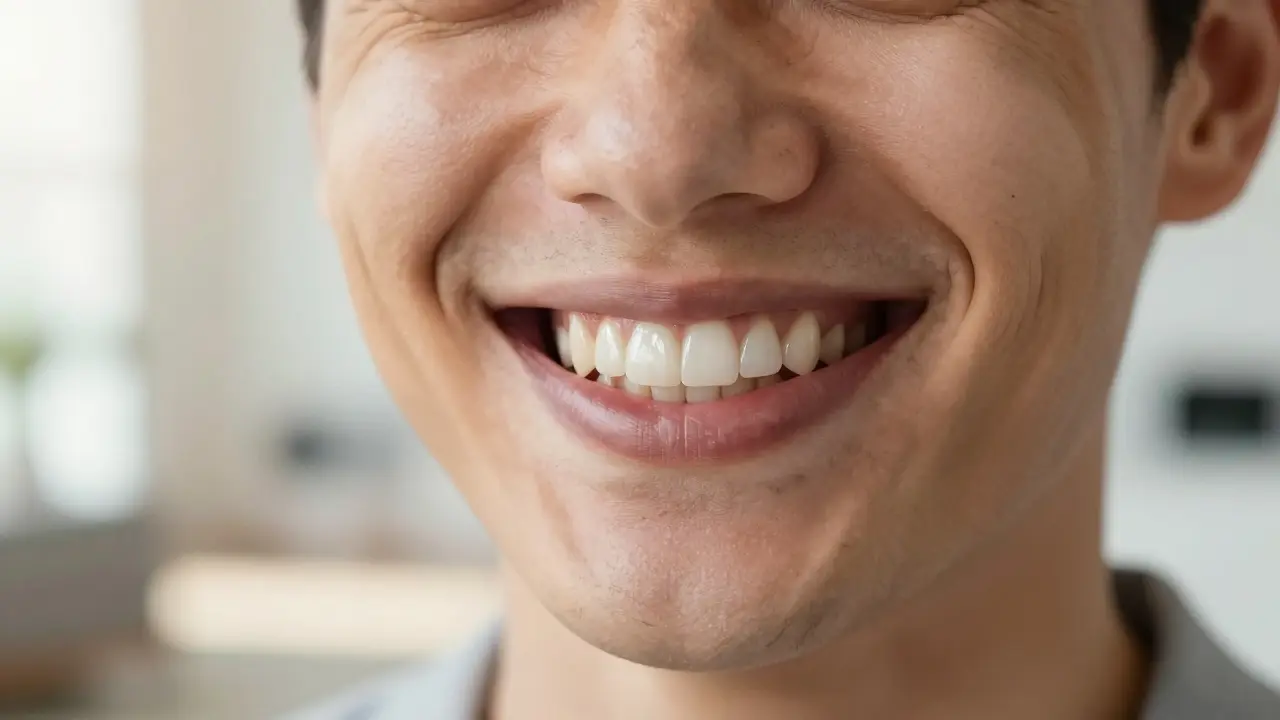 Úsměv spokojeného člověka s přirozeně vypadajícími zubními fasetami.