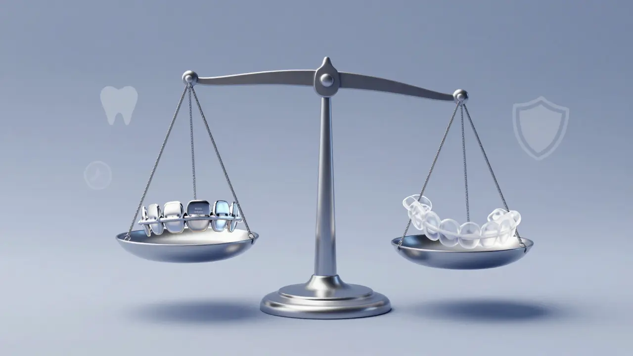 Váha znázorňující rozdíl mezi kovovými rovnátky a neviditelnými alignery.