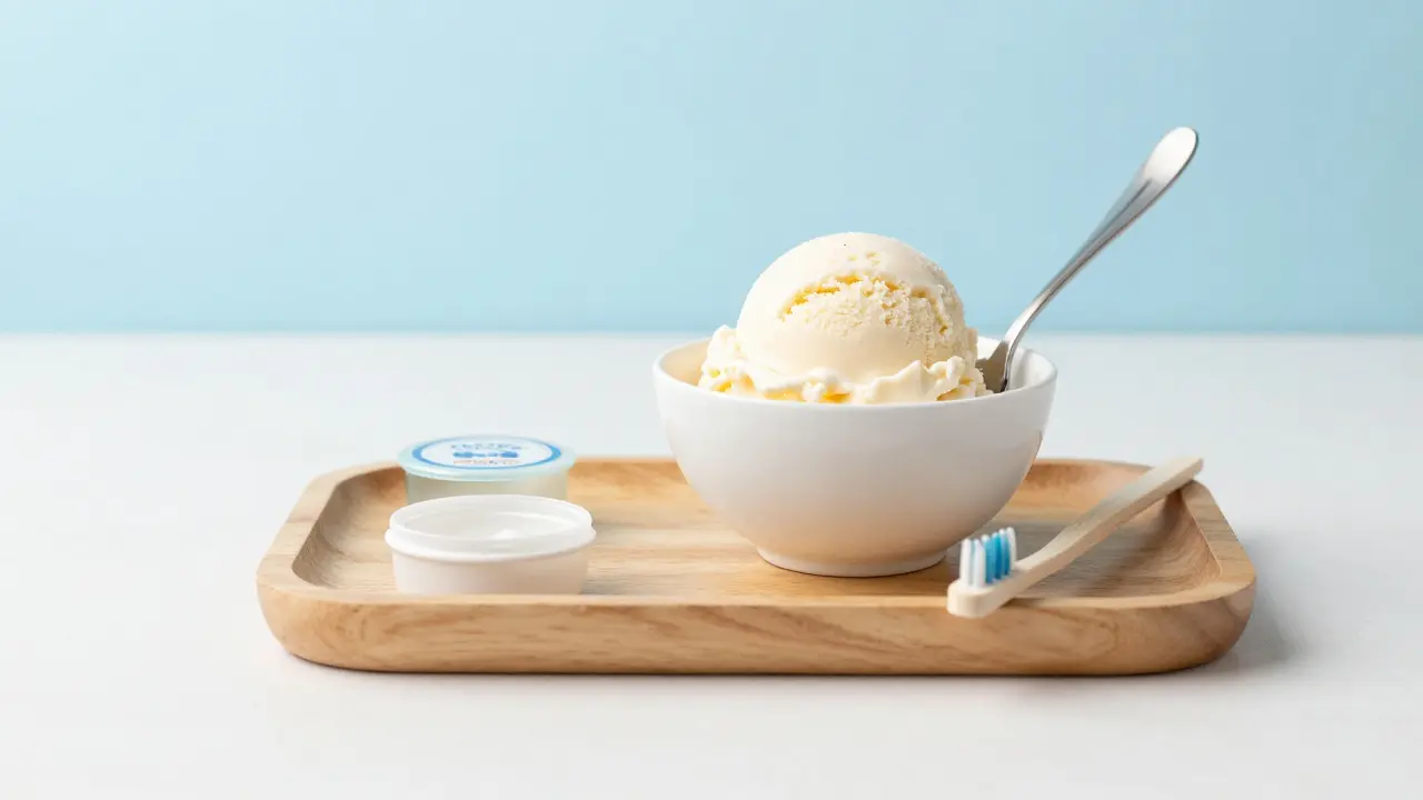 Zmrzlinový pohárek, ortodontický vosk a mezizubní kartáčky na podnosu.