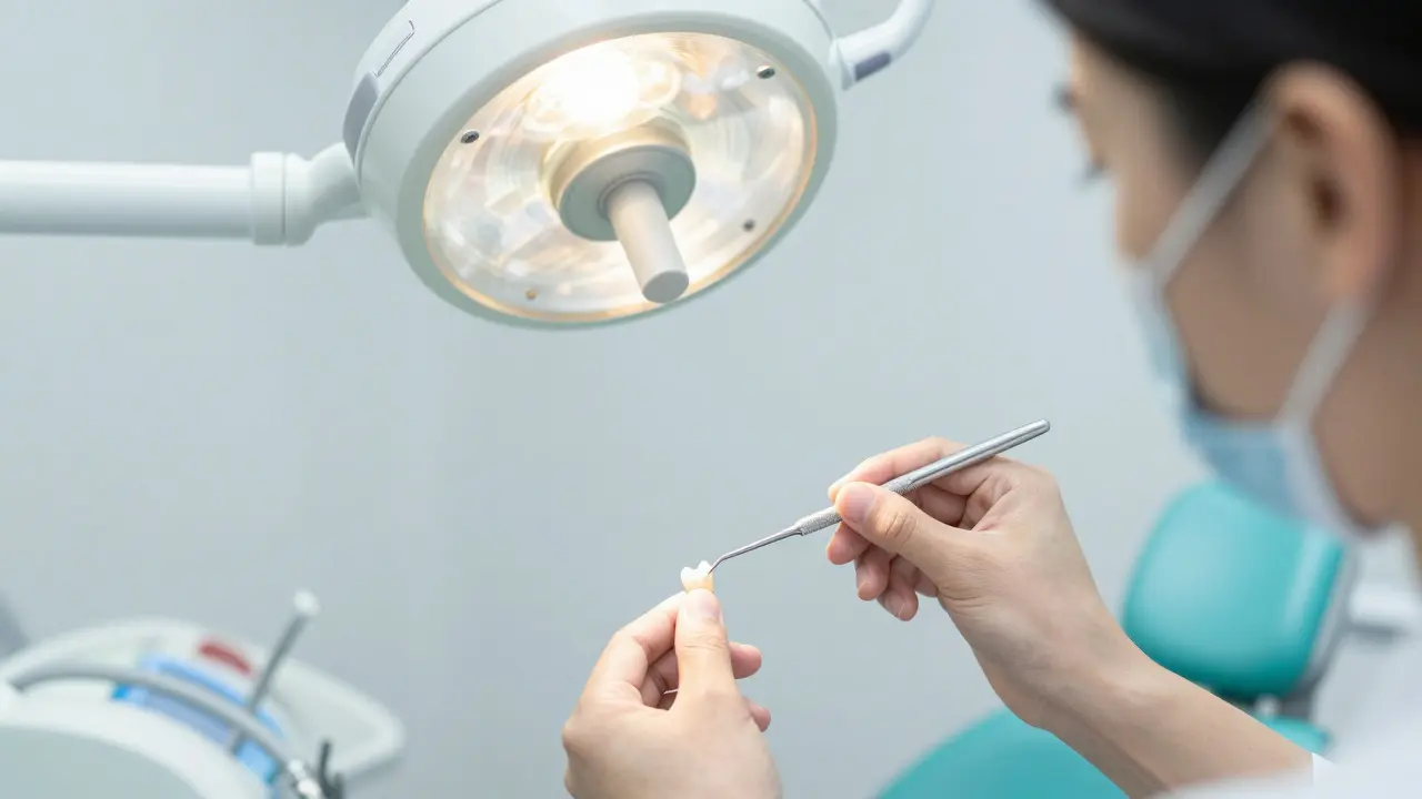 Zubní lékař provádějící kyretáž dásní pomocí speciálního kovového nástroje.