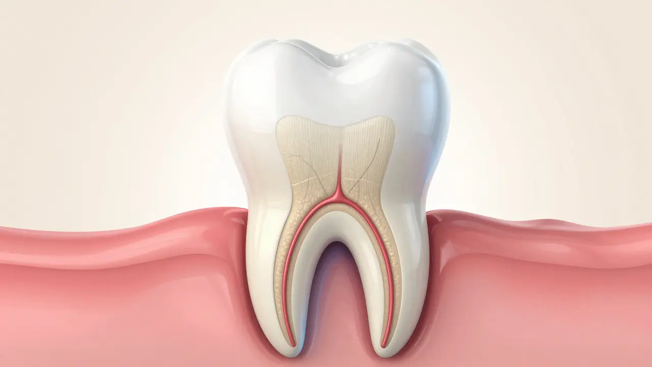 Anatomický průřez zubem ukazující citlivý dentin a nerv