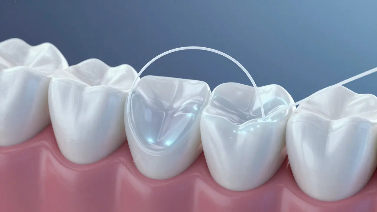 Detail mezi zuby s nití odstraňující neviditelný plak