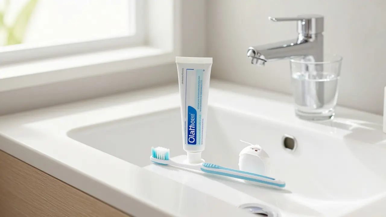 Hygienické potřeby pro prevenci kazu na umyvadle