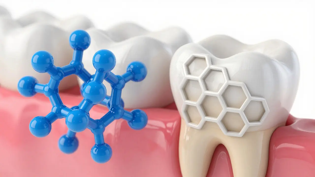 Ilustrace rozdílu mezi fluoridem a hydroxyapatitem
