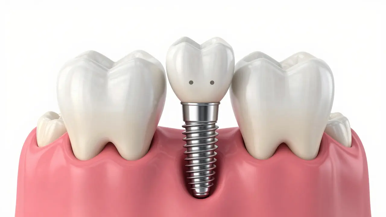 Implantát stojí samostatně, zatímco můstek vyžaduje obroušení sousedních zubů.
