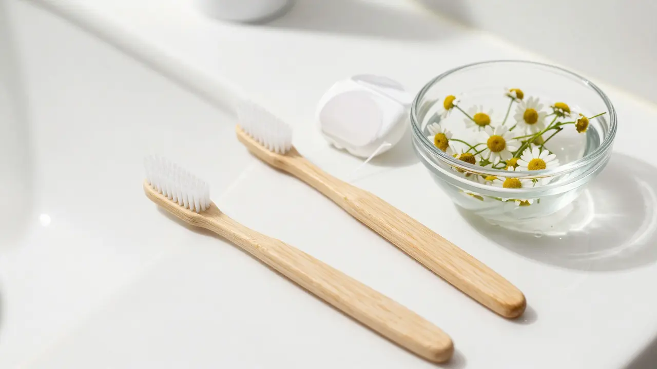 Jemné hygienické pomůcky: kartáček, nit a heřmánek na pultu