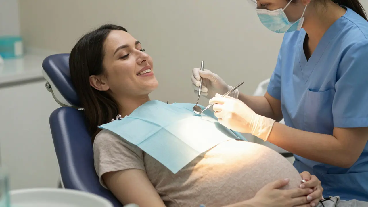 Těhotná žena na vyšetření u stomatologa v bezpečném prostředí