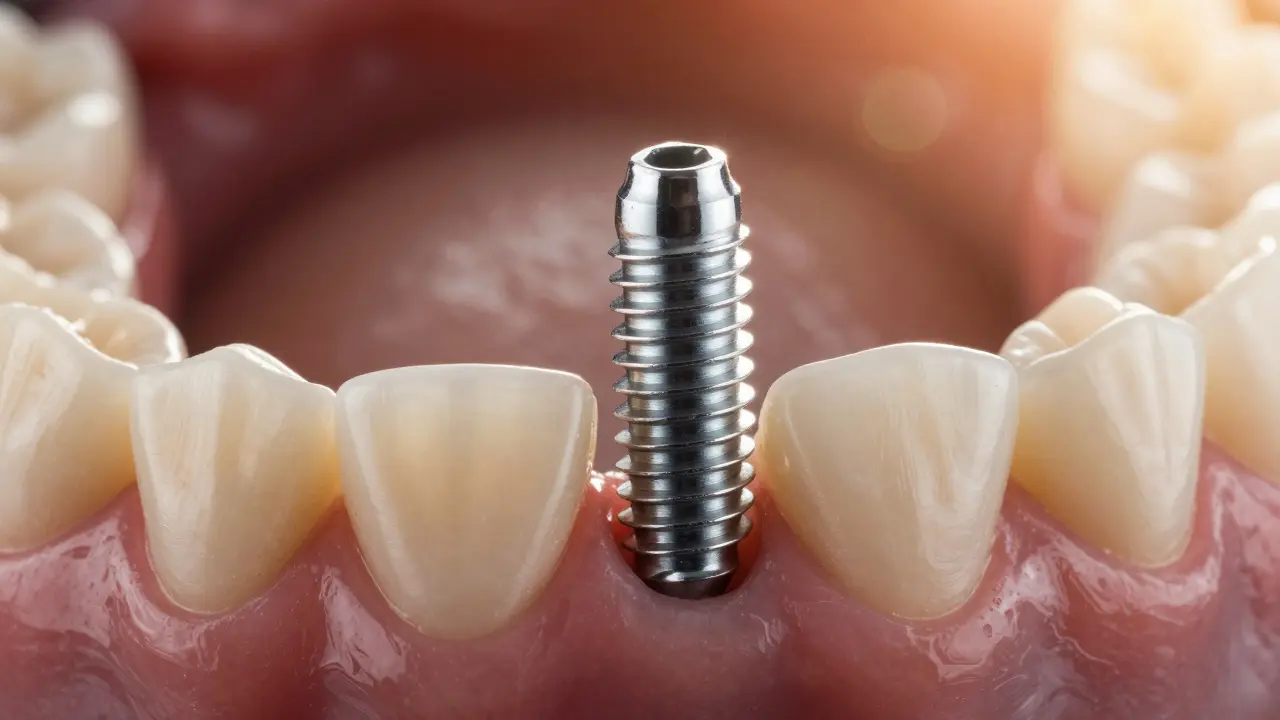 Titanový implantát integrovaný v kosti symbolizující dlouhodobou stabilitu.