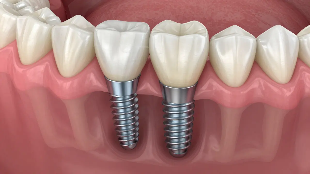 Zubní implantát ukotvený v čelistní kosti s korunou