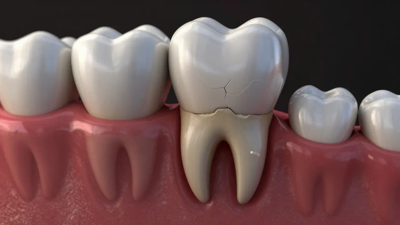 3D vizualizace ústupu kostní hmoty a volnosti zubu způsobené periodontitidou.