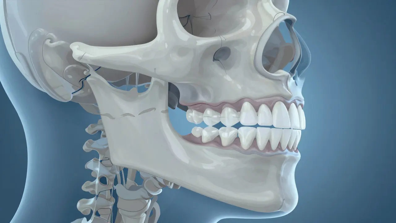 Anatomický pohled na čelisti ukazující skeletální předkus