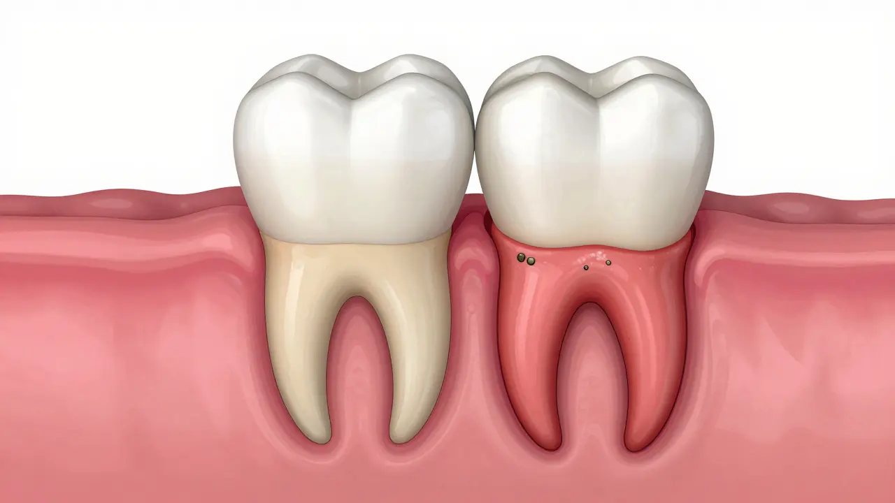 Anatomický průřez zubem ukazující zdravé dásně versus parodontózu