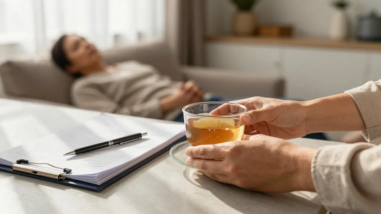 Caregiver organizing documents and medicine in a sunny home