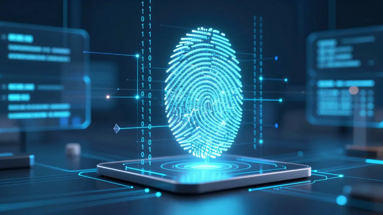 Digitální vizualizace biometrického senzoru zpracovávajícího datový vzor otisku prstu.