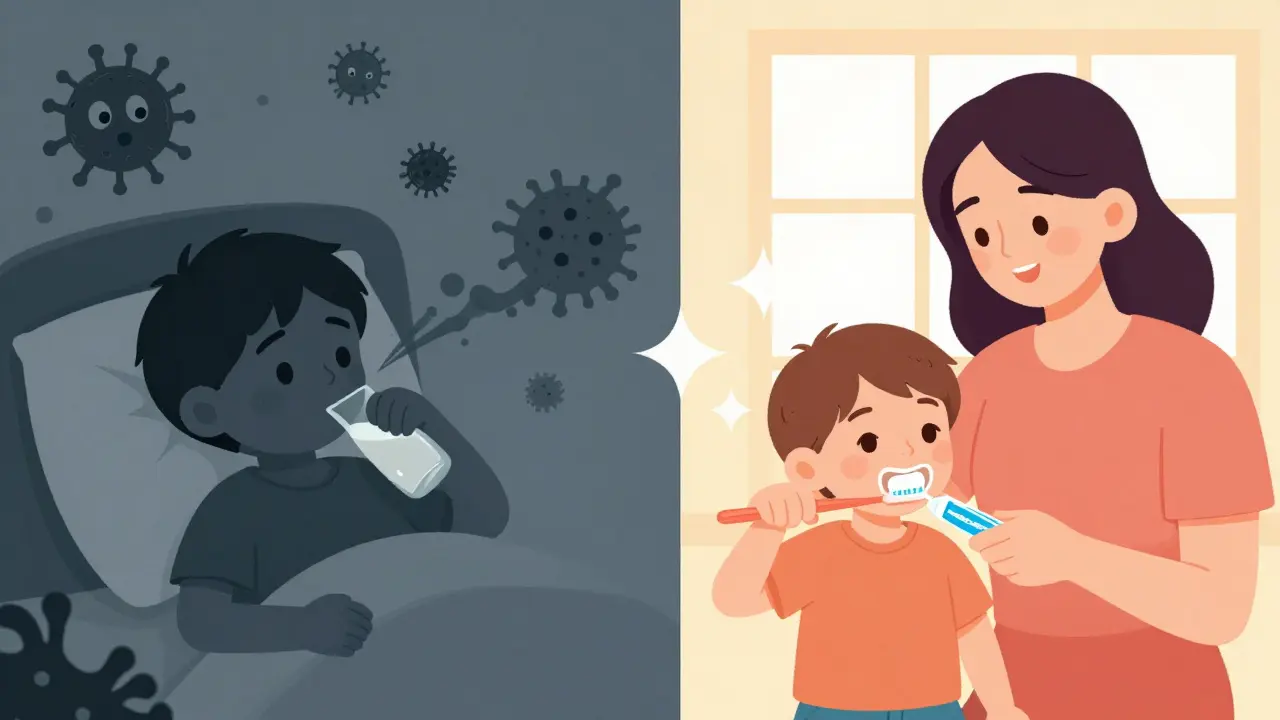 Kontrast mezi špatnými návyky a správnou ústní hygienou u dětí
