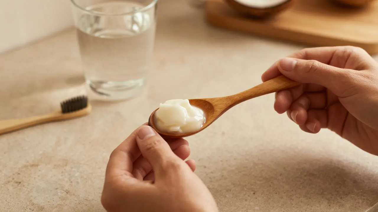 Lžička kokosového oleje připravená k proceduře Oil Pulling