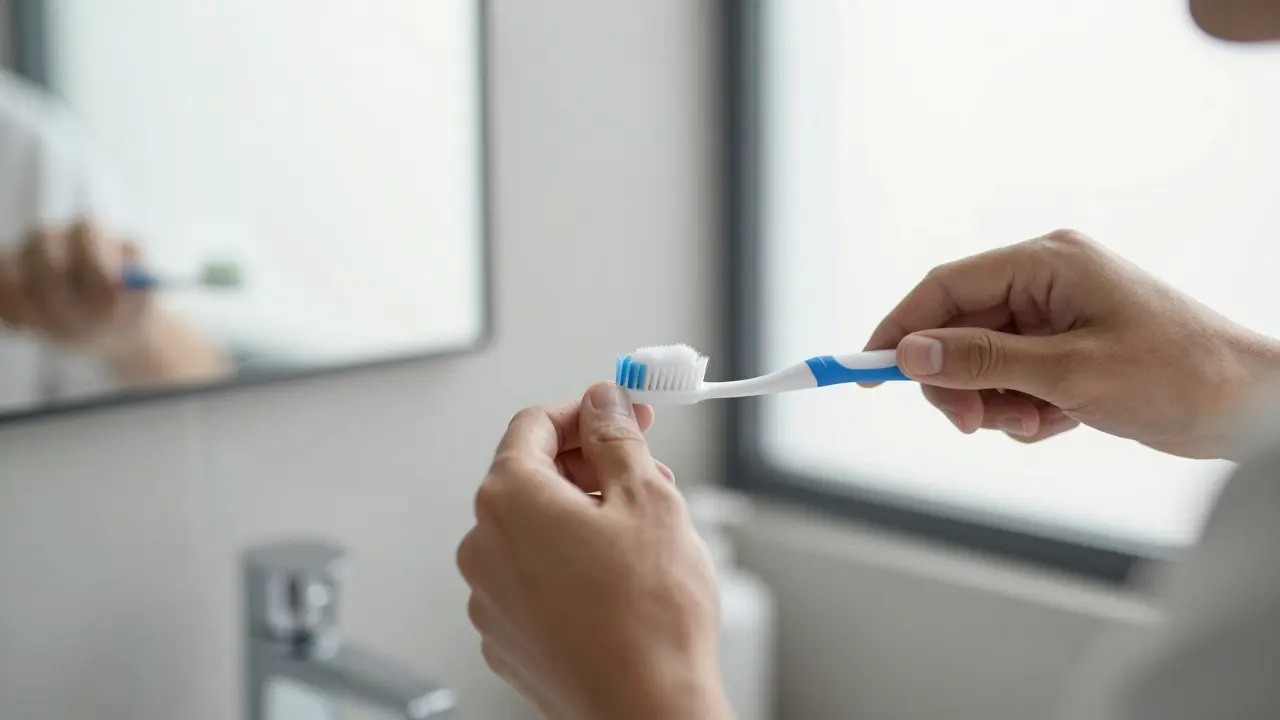 Osoba správně kartáčující zuby kruhovými pohyby v koupelně