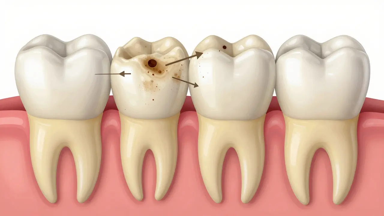 Příčný řez zubem ukazující sklovinu a dentinu