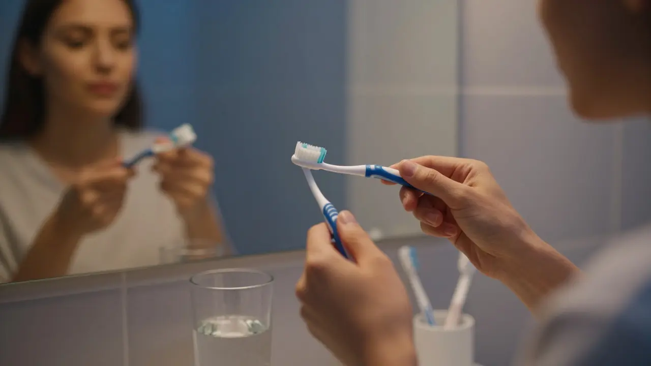 Ruce s mezizubním kartáčkem při večerní hygieně