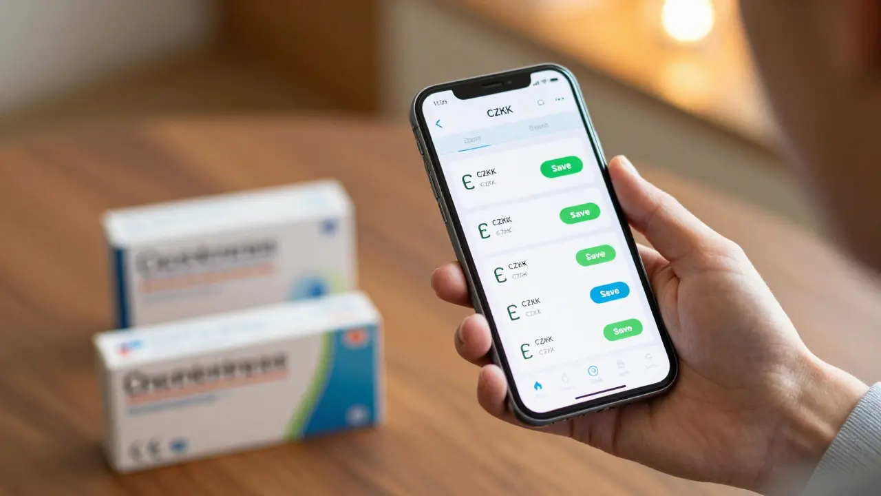 Ruka drží telefon s porovnáním cen vedle kvalitní a levné balení