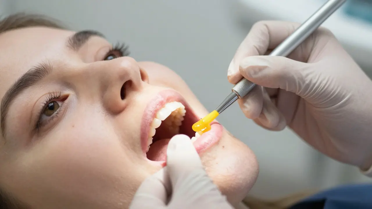Stomatolog aplikuje fluoridový lak na zuby pacienta