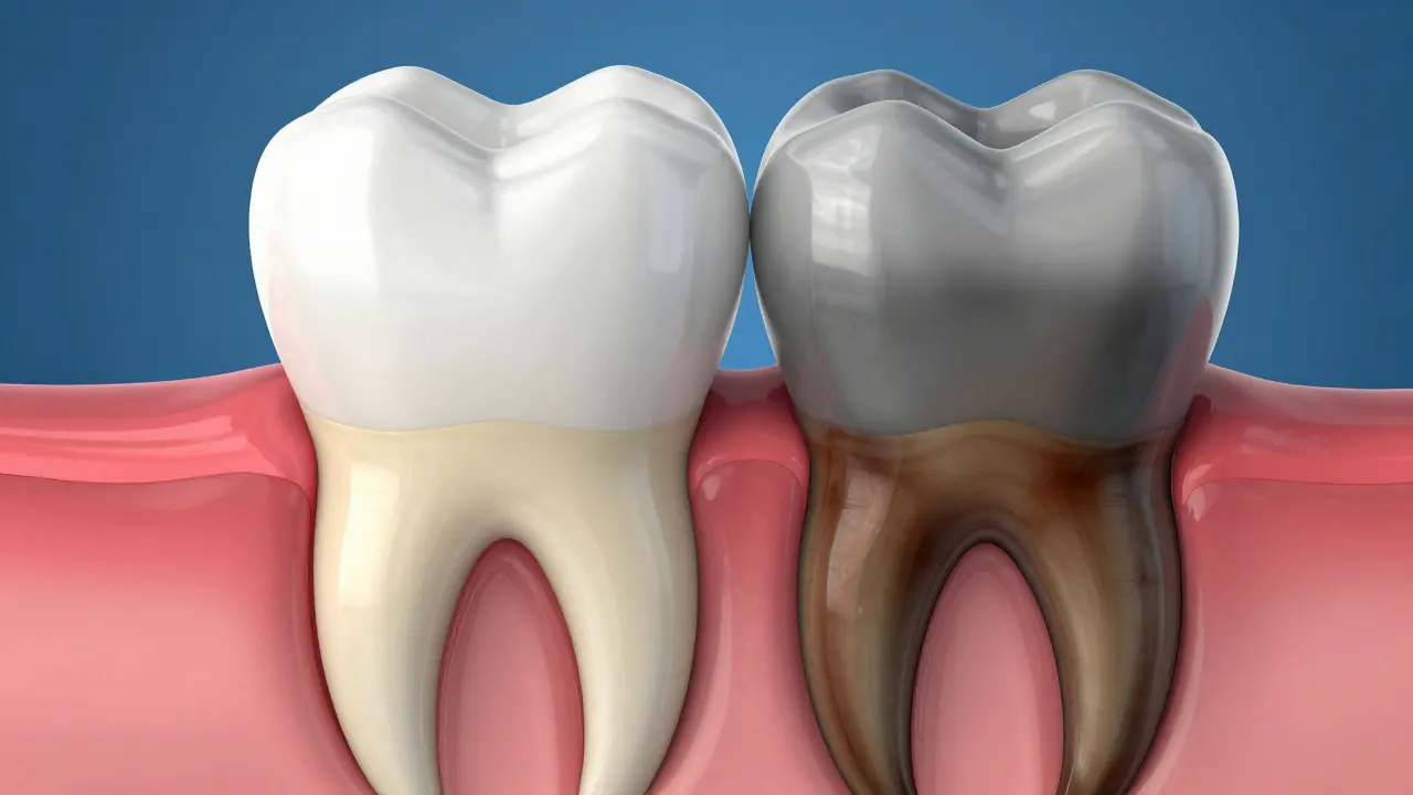 Anatomický detail zubu ukazující vnitřní zabarvení dentinu