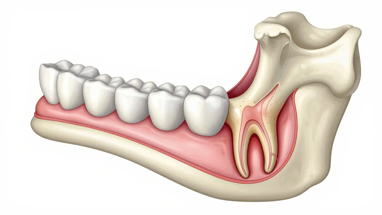Anatomický průřez čelistí ukazující zánět kosti