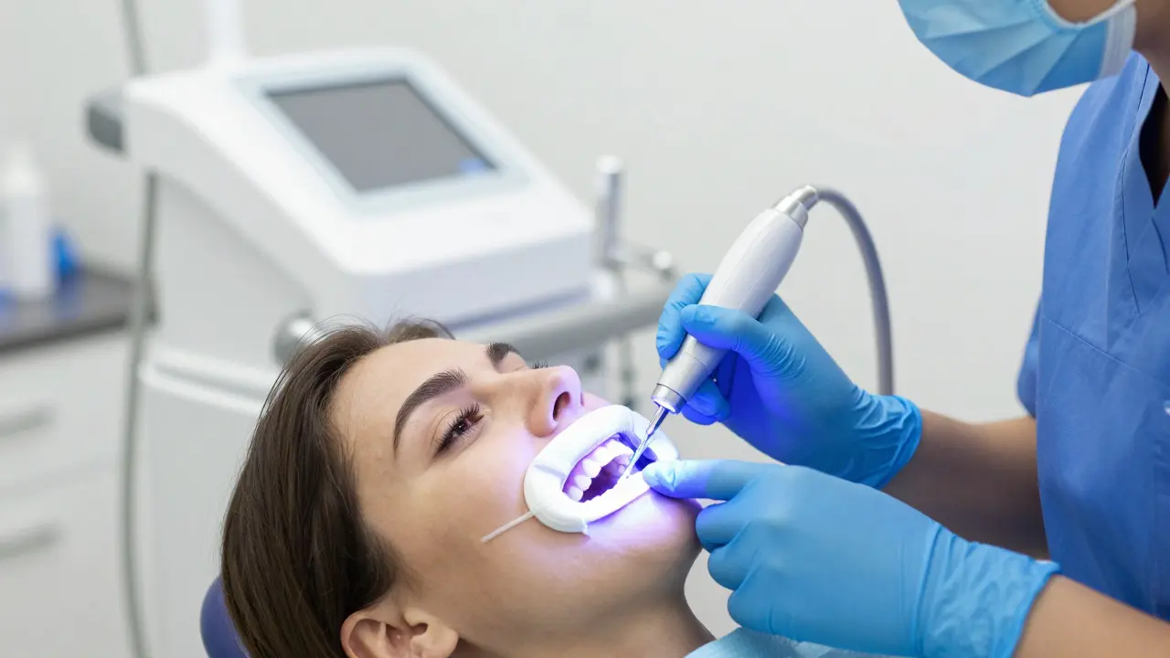 Dentist performing professional LED teeth whitening treatment