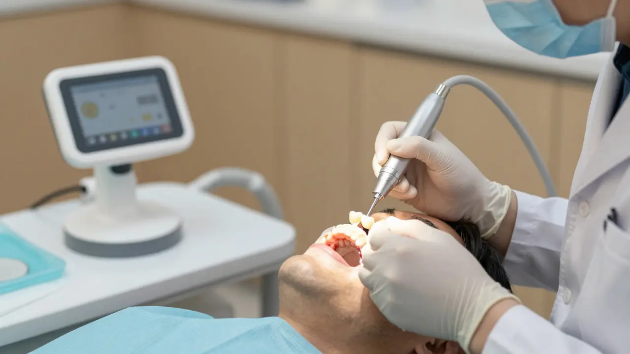 Dentista nasazuje finální keramickou korunku pacientovi