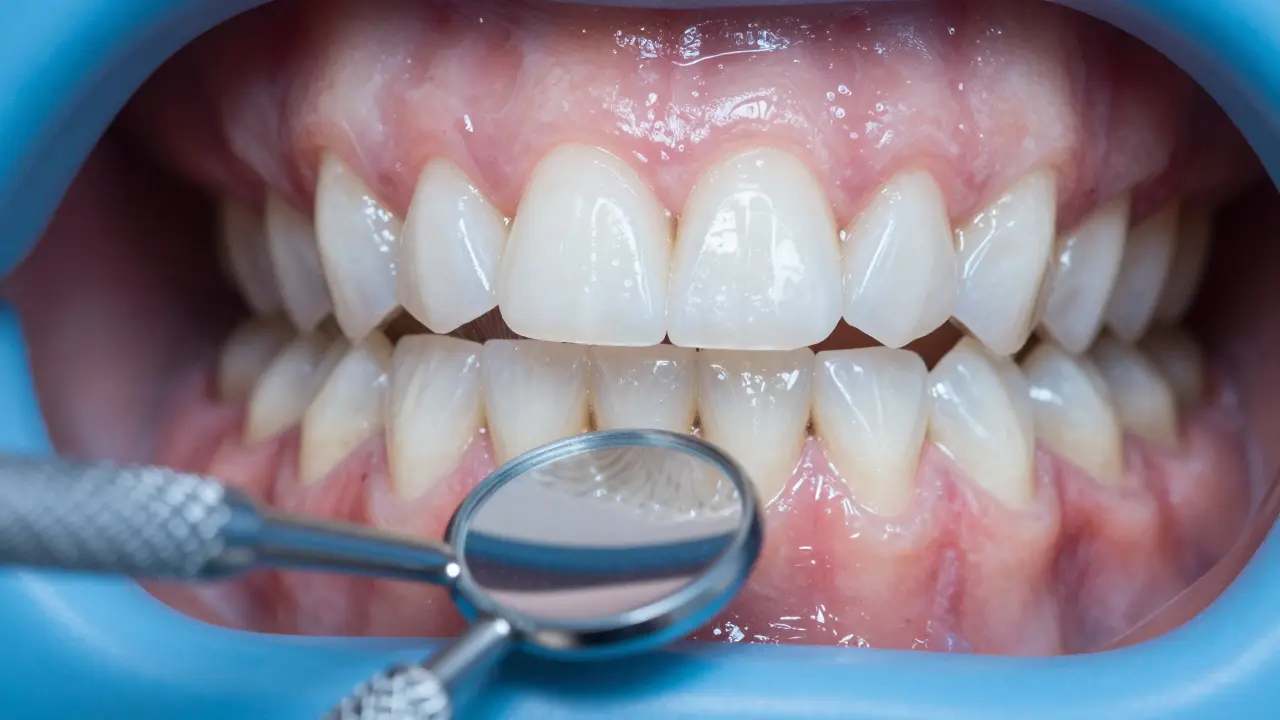 Detailní záběr profesionálního čištění zubů a zdravých dásní