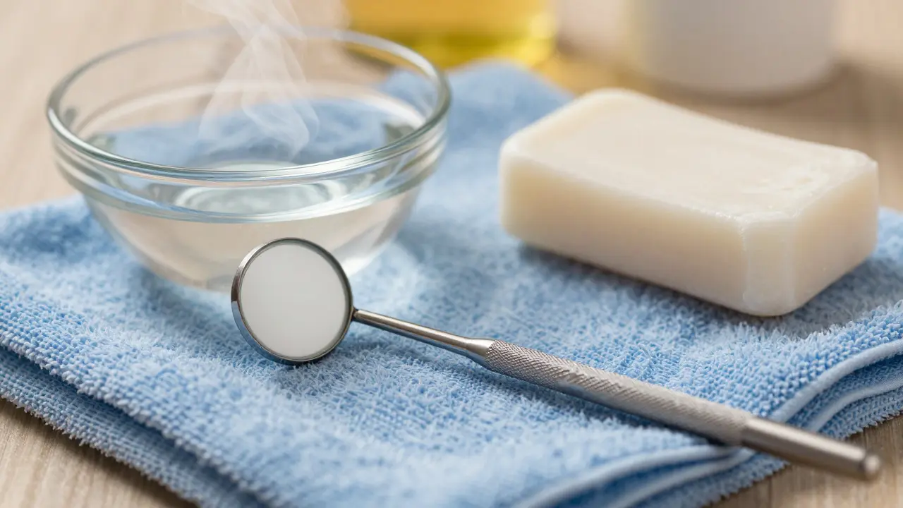 Kovové dentální zrcátko při čištění vedle mýdla a vody na modrém ručníku.