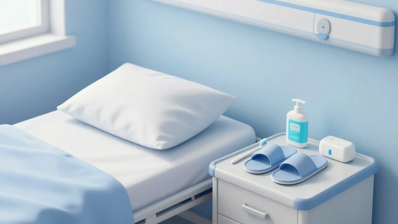 Minimální sada povolených věcí: papuče, hygiena a nabíječka u nemocničního lůžka