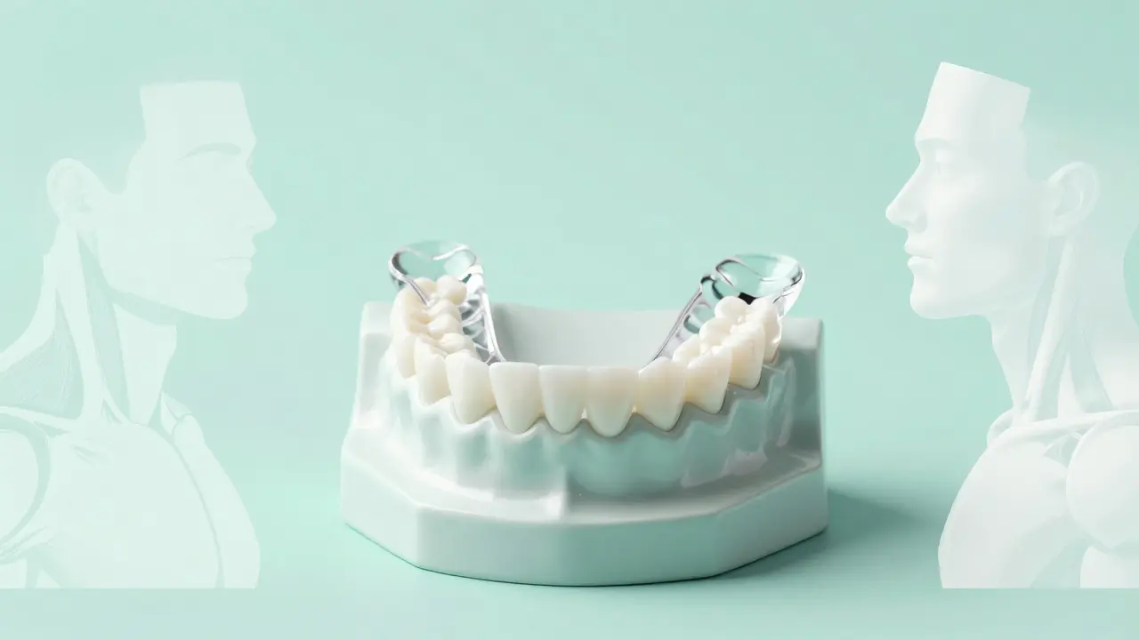 Noční chránič zubů na modelu chrupů symbolizující úlevu od bolesti.