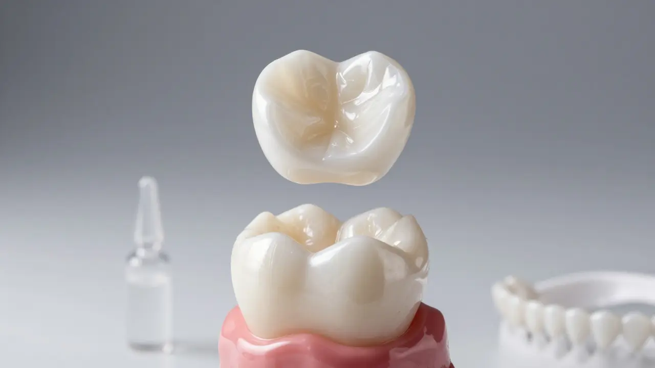 Porcelánová fazeta nad připraveným zubem v laboratorním prostředí