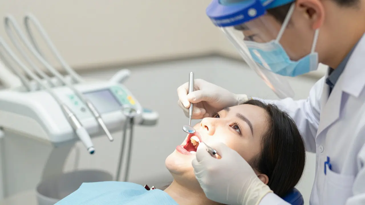 Stomatolog provádí preventivní vyšetření pacienta v ordinaci