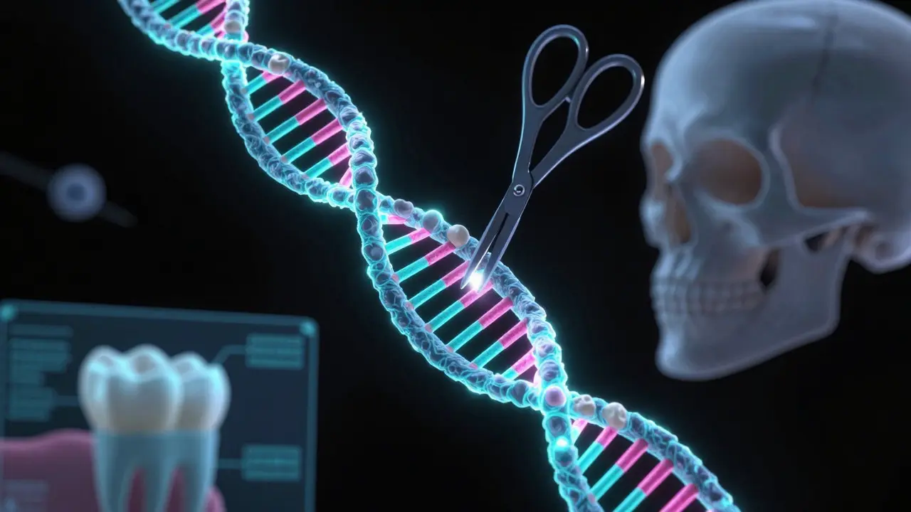 Vizuализace technologie CRISPR upravující geny pro růst zubů a čelisti