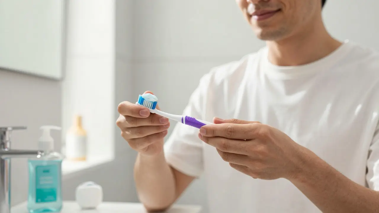 Člověk s Curaprox kartáčkem v moderní koupelně při ranní hygieně
