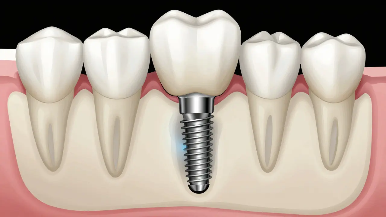 Cross-section medical illustration of a titanium dental implant in jawbone