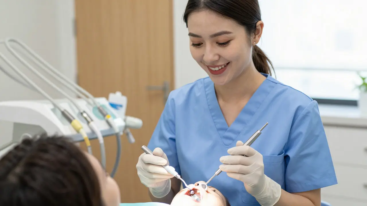 Dentální hygienistka s nástroji pro čištění implantátů