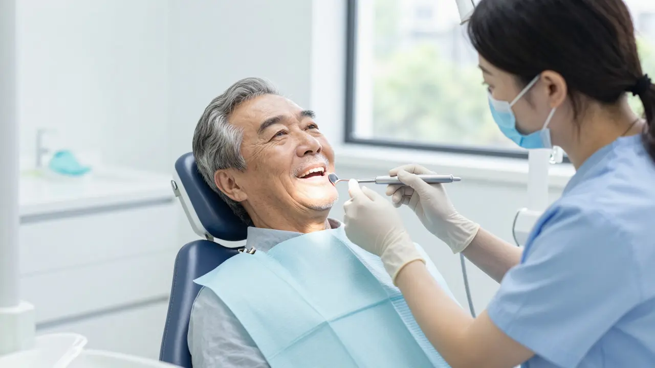 Elderly man receiving a dental check-up from a hygienist in a clinic