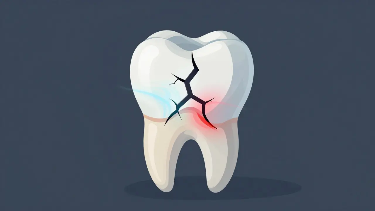 Illustration showing a tooth crack extending from enamel into dentin with temperature sensitivity