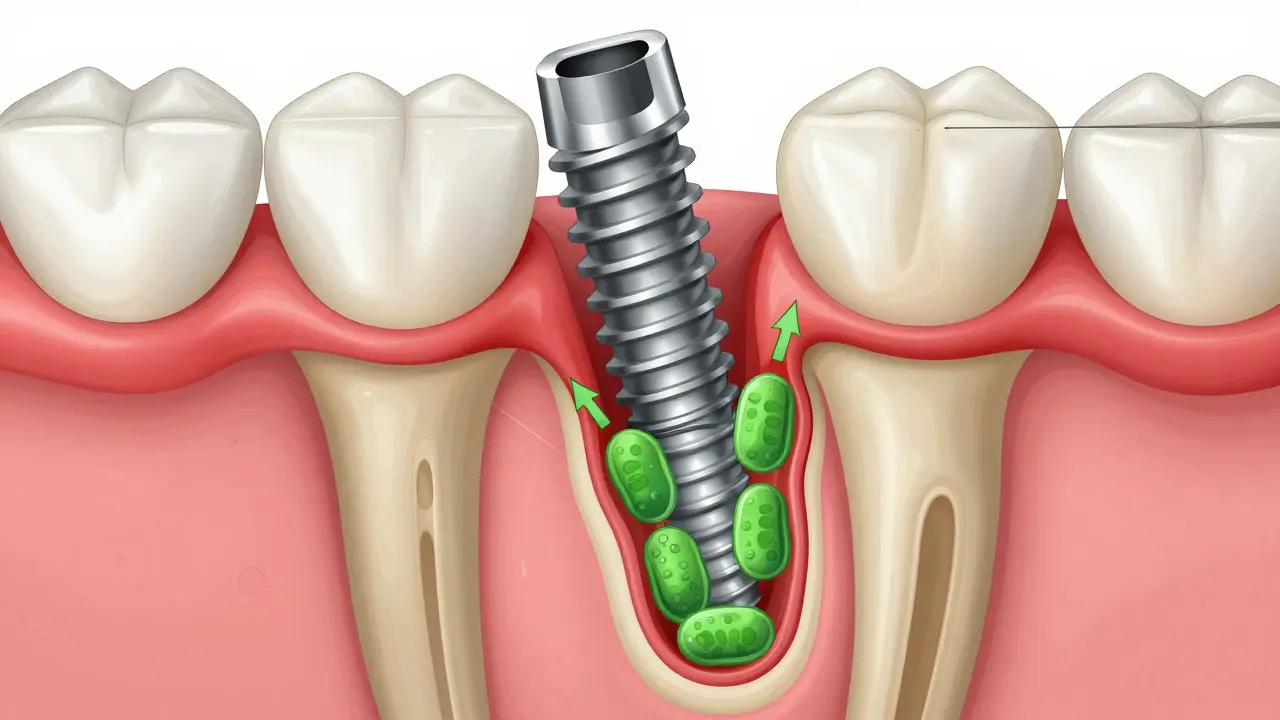 Ilustrace zánětu tkáně kolem implantátu a bakteriálního plaku