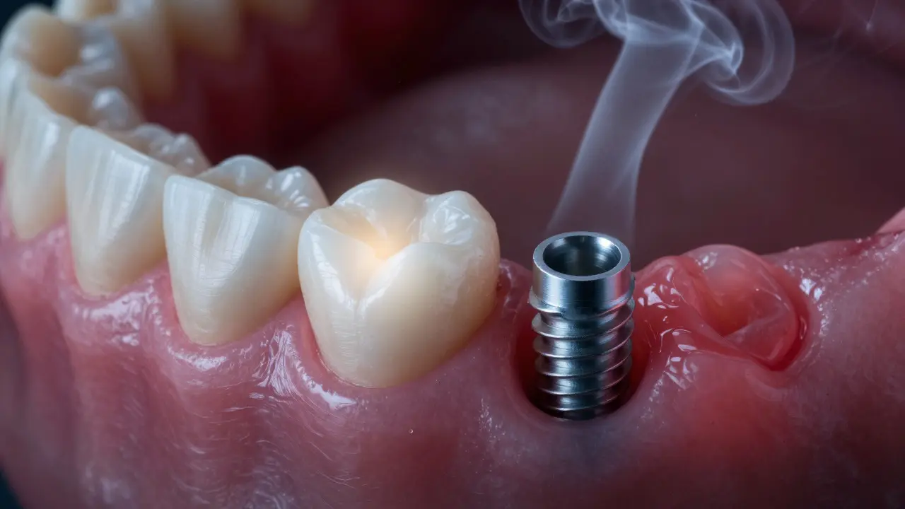 Kontrast mezi zdravým implantátem a zánětem dásní způsobeným kouřením