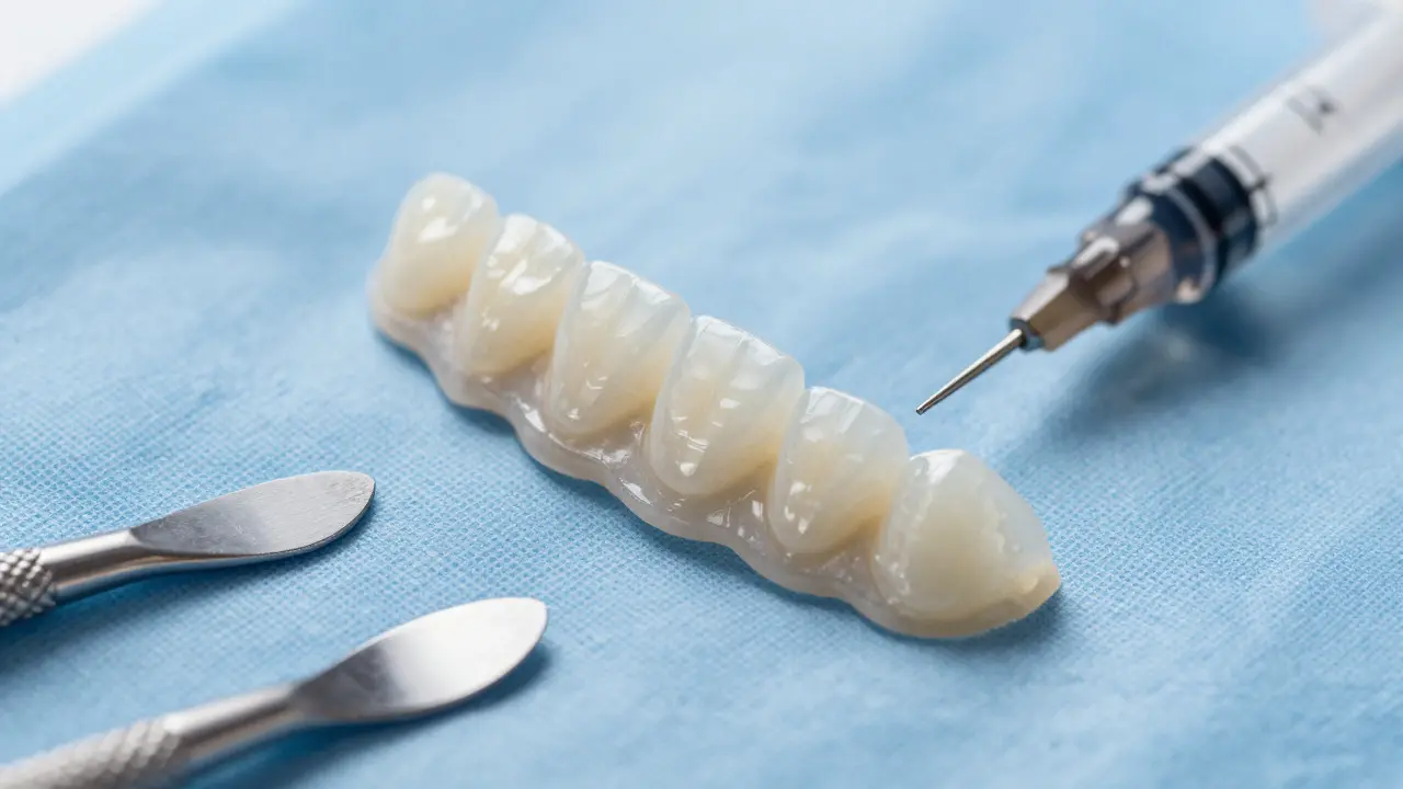 Makro záběr porcelánových zubních fazet a stomatologických nástrojů