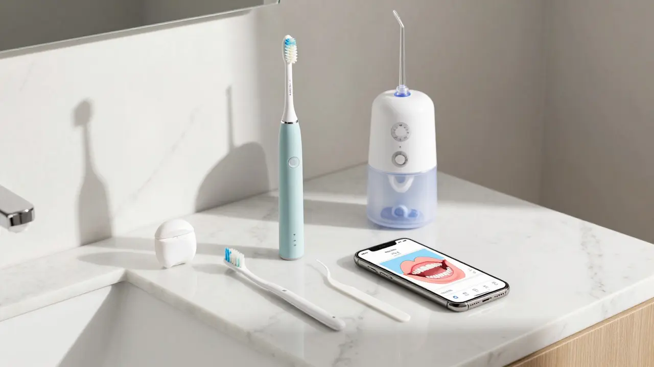 Přehled nástrojů pro ústní hygienu včetně mezizubních kartáčků a aplikací s časovačem.