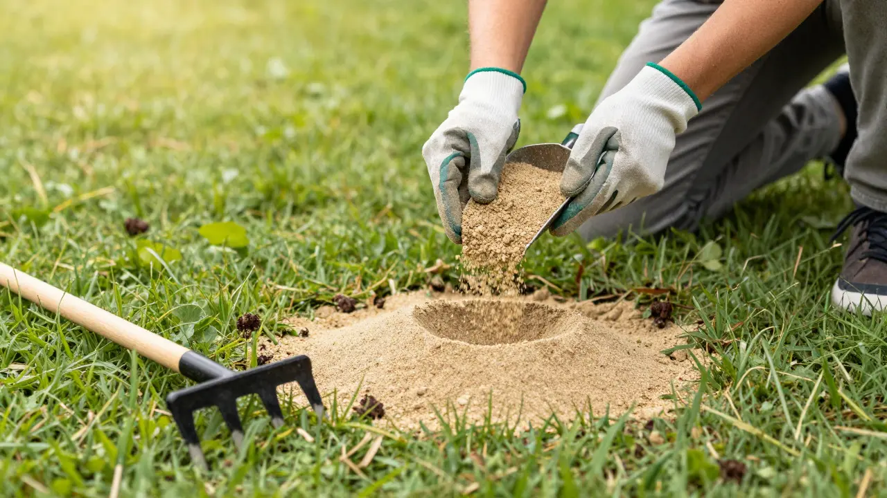Ruční pískování trávníku pomocí lopatky a zahradní rakve