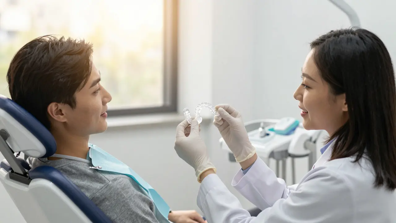Stomatolog vysvětluje pacientovi použití nocního chrániče v ordinaci.